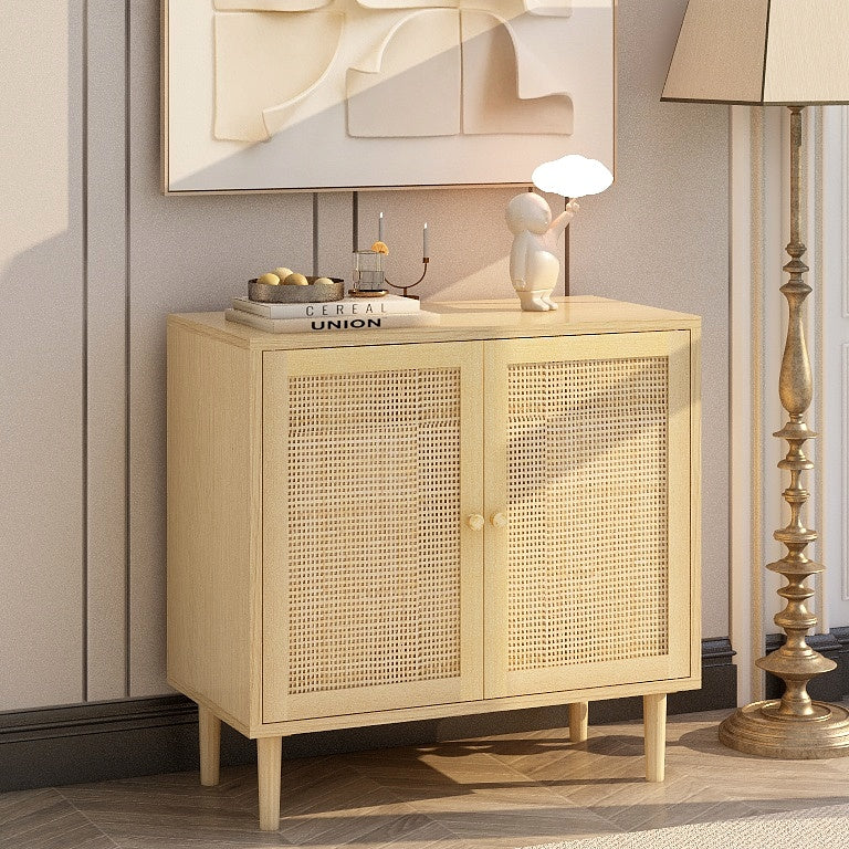 Commode en Bois Clair avec Portes en Osier - Style Naturel