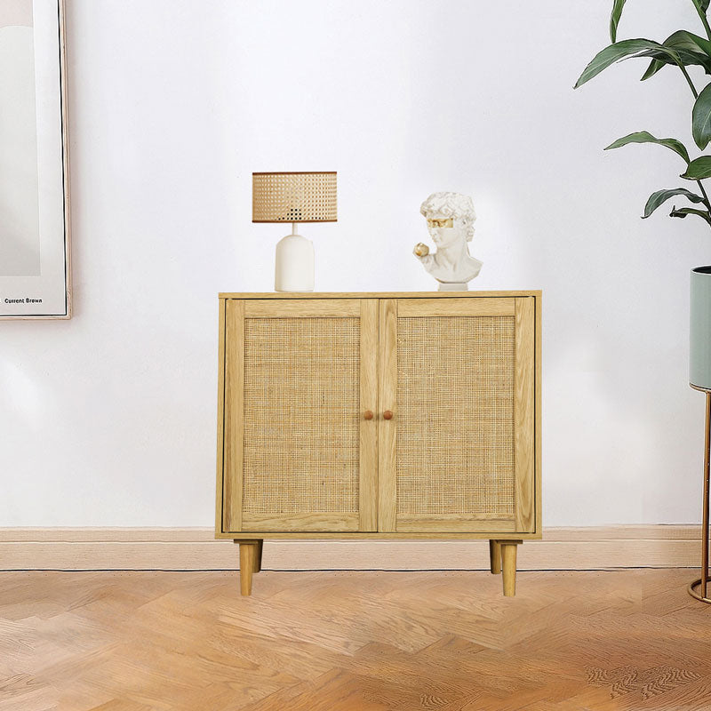 Commode en Bois Clair avec Portes en Osier - Style Naturel