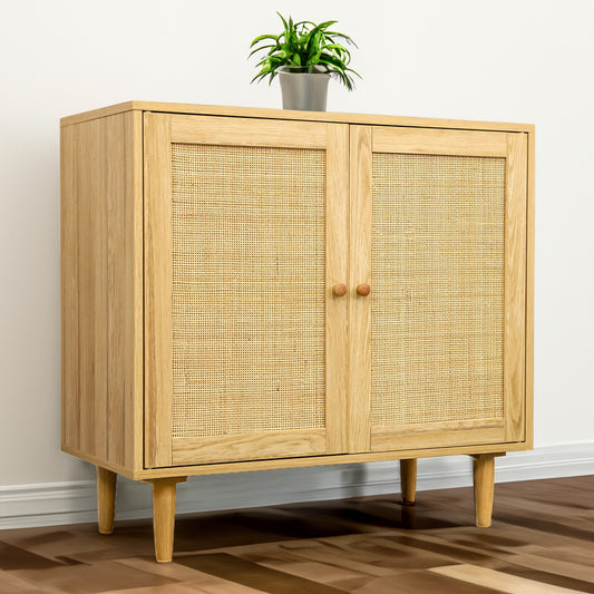 Commode en Bois Clair avec Portes en Osier - Style Naturel